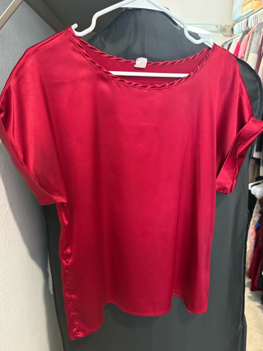 Red Satin Short-Sleeve Women's Top